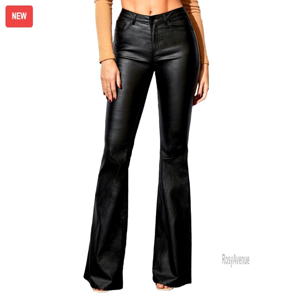 Faux Leather Flare Pants Mid Waist Bell Bottom Leggings With Pockets